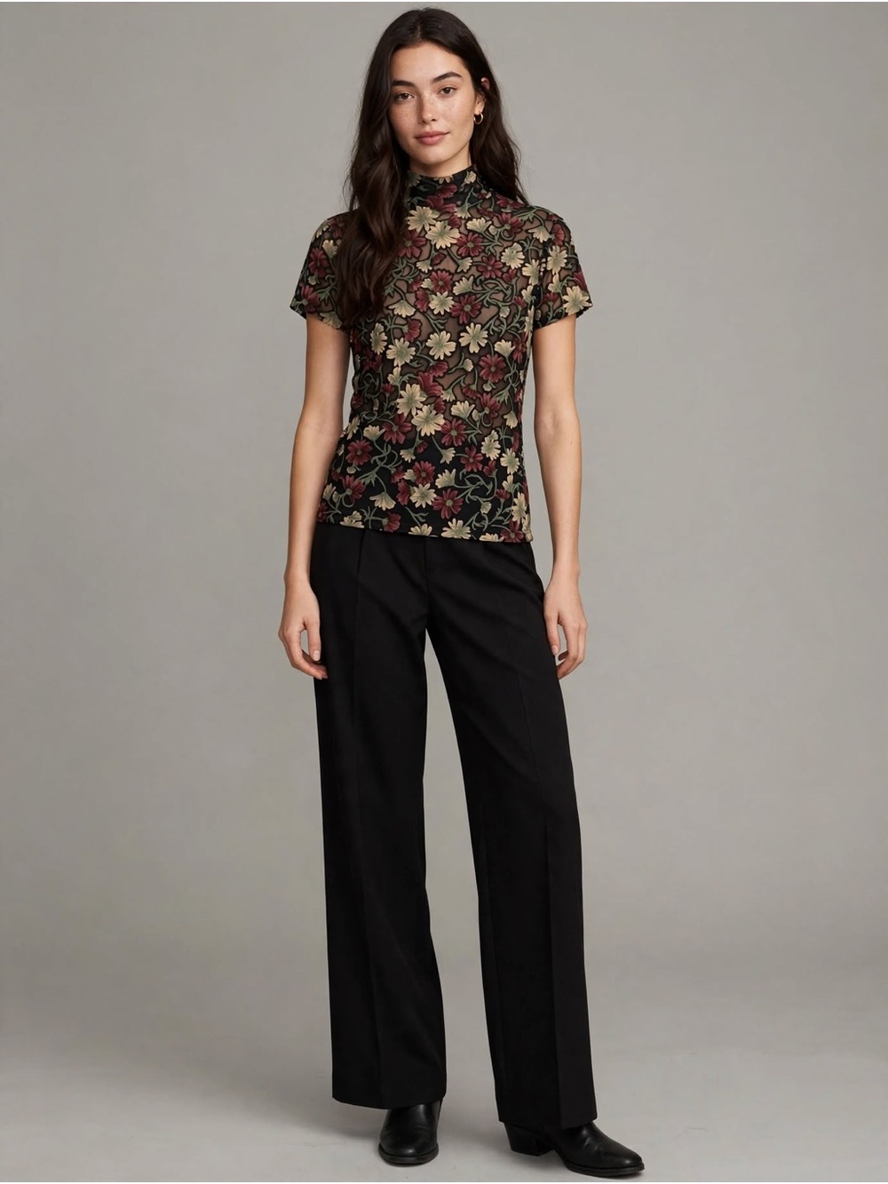 Floral Mock Neck Short Sleeve Top - Black with Olive & Burgundy Accents